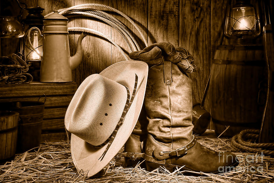 Cowboy Gear in Barn - Sepia Photograph by Olivier Le Queinec