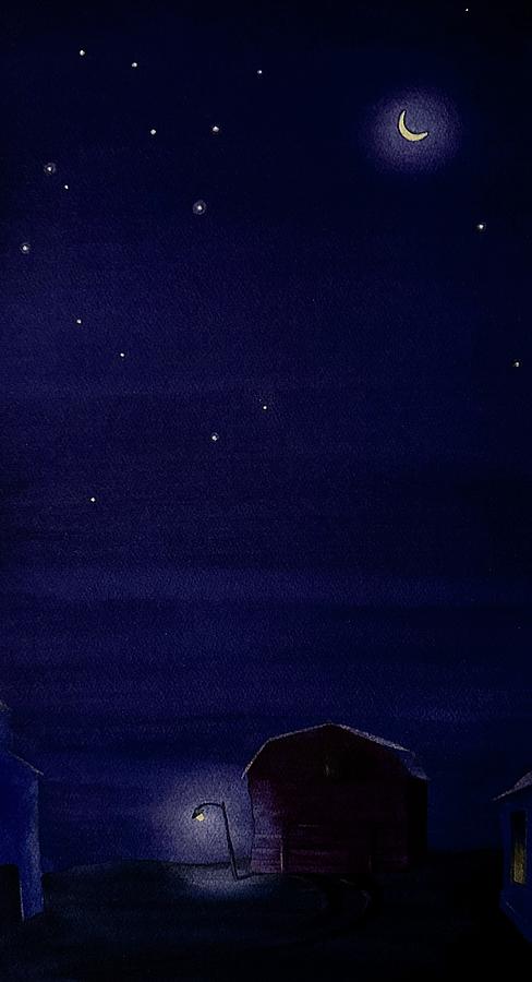 Cresecent Moon Over Praire Barn by Scott Kirby