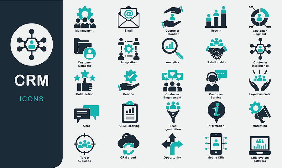CRM solid icons. Customer relationship management, Engagement, Marketing, Sale, Service, data, report, strategy, manager, audience, Data Management,  Implementation, Strategies, Segmentation, Support Drawing by LueratSatichob