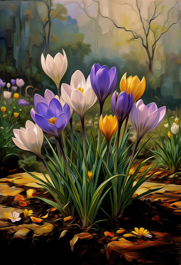 Vibrant Crocuses in Bloom Digital Art - Crocus Flower Oil Painting by Nature Oil Painting