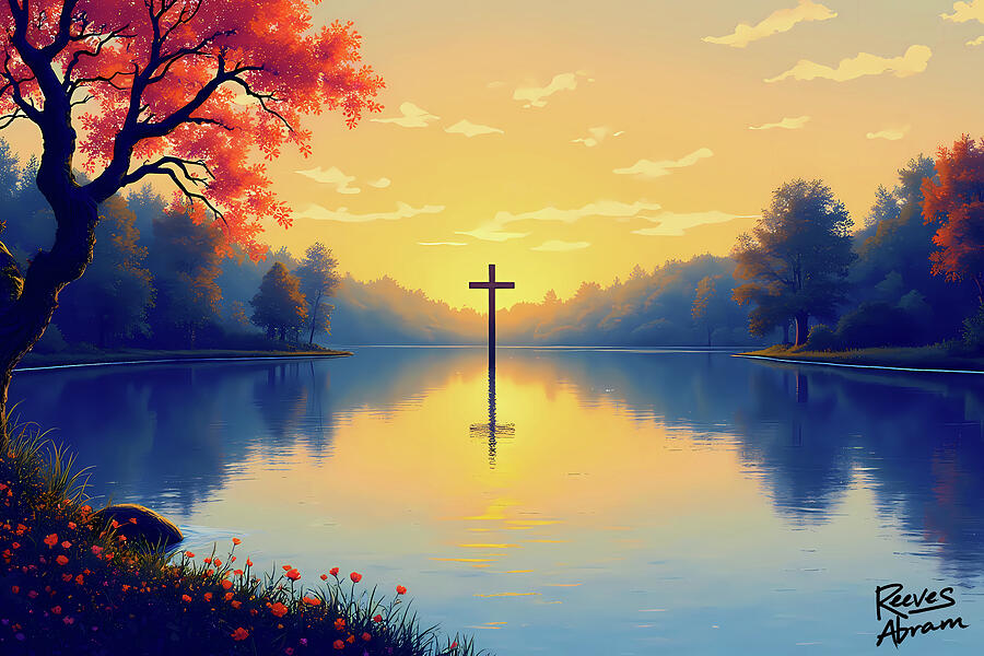 Cross in Tranquil Waters Digital Art by Reeves Abram - Pastor Reeves Studio - Metal Posters