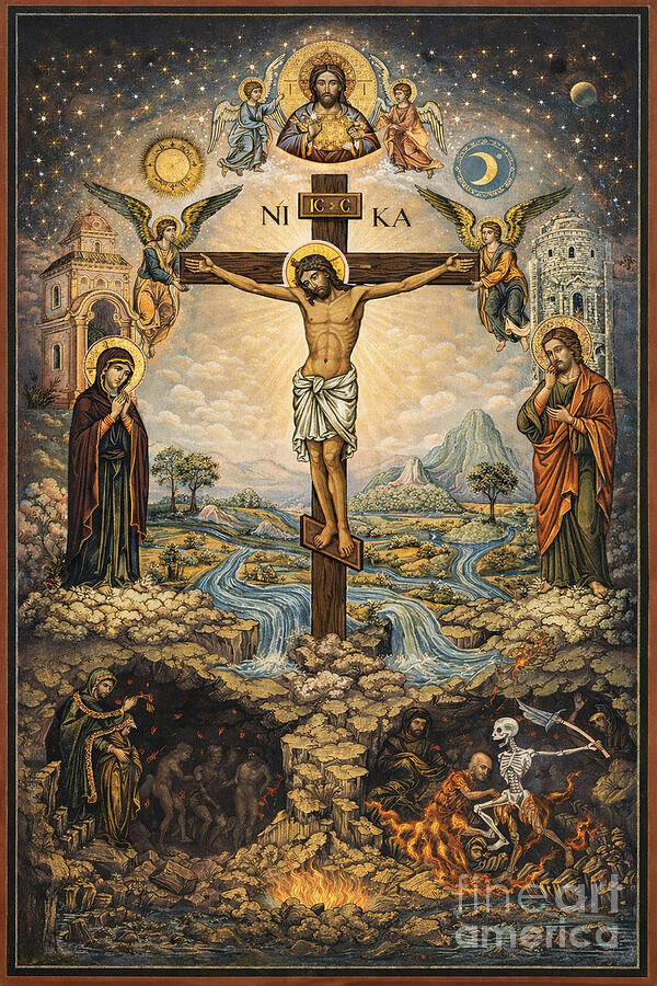 Crucifixion Icon Christ the Tree of Life Painting by LBeltran - Metal ...
