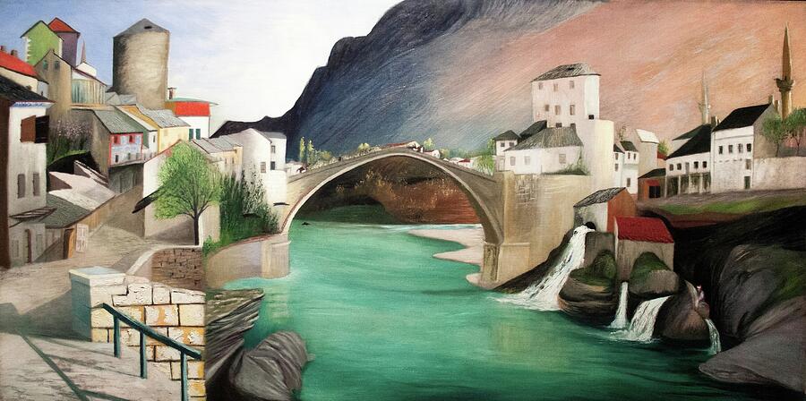 The Roman Bridge at Mostar Painting - Csontvary paintings - The Roman bridge at Mostar, early 1900s view of the town by Csontvary Kosztka Tivadar