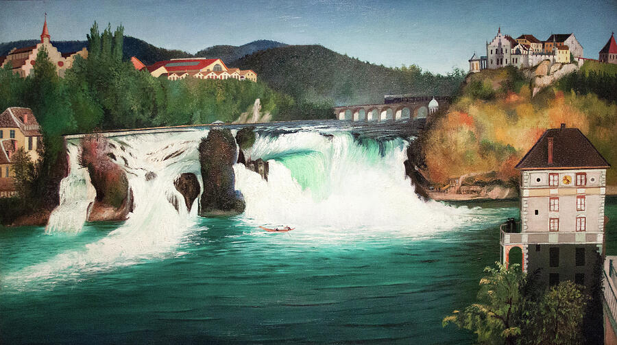 Waterfall at Schaffhausen with Townscape Painting - Csontvary paintings - Waterfall at Schaffhausen, Switzerland by Csontvary Kosztka Tivadar