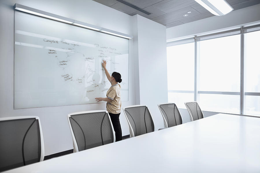 Services Custodial Staff Wiping White Board Clean In Meeting Room Fangxianuo
