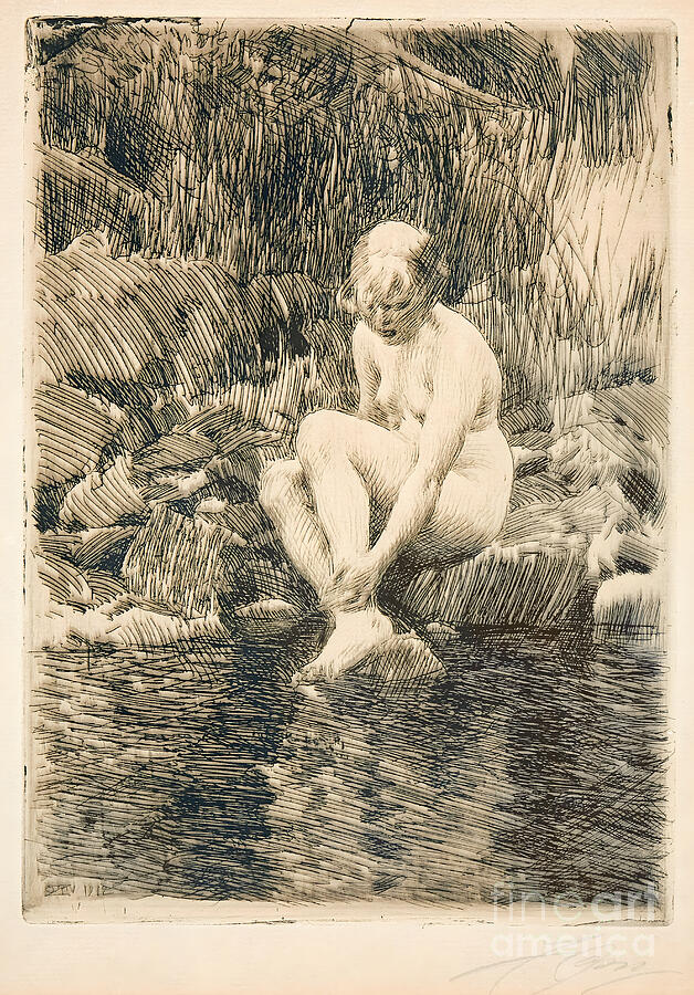 Anders Zorn, Dagmar, 1911: etching of a nude woman seated on rocks at the water's edge, with dense lines for the reflections