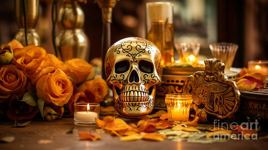 Day of the Dead Golden Skull on a Table with Roses and Candlelight Digital Art by Michel Cruz-Garcia