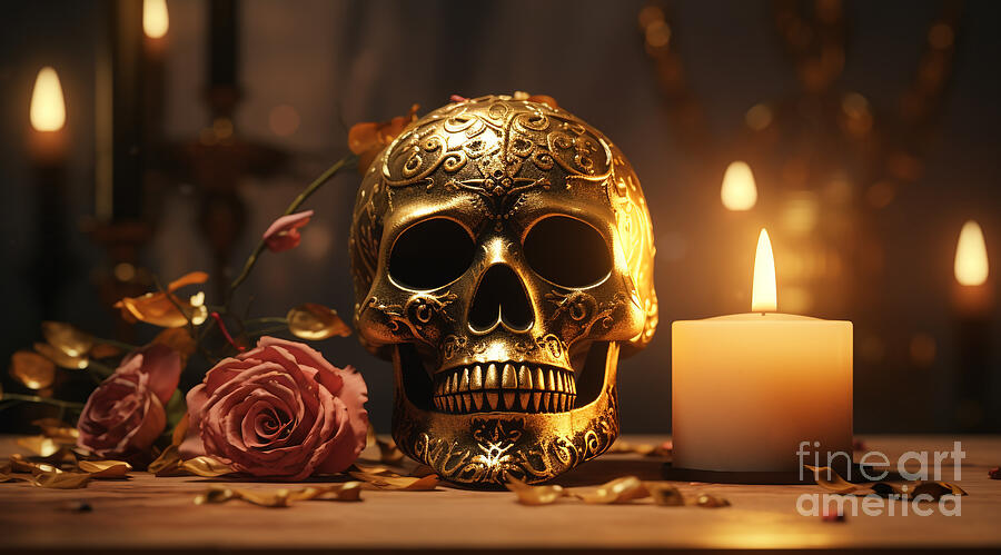 Day of the Dead Metallic Skull Sitting by Flowers and Lit by Candlelight Digital Art by Michel Cruz-Garcia