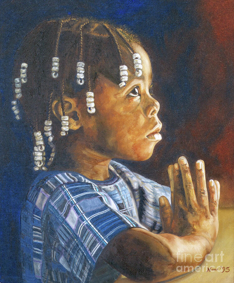 Child in Thoughtful Prayer Painting - Dear Father I by Nicole Minnis