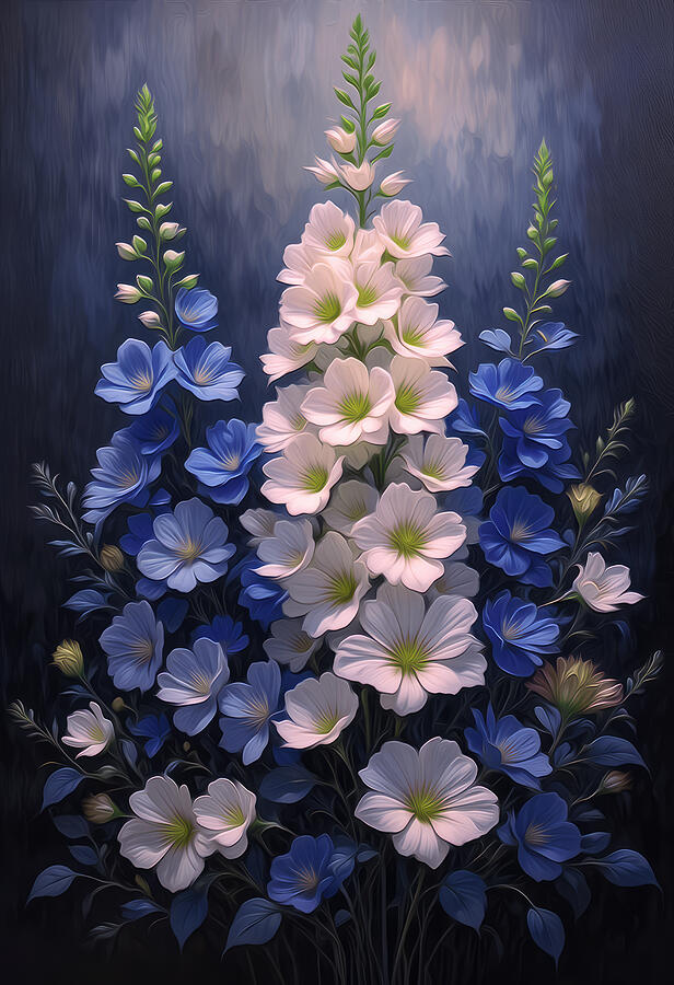 Vibrant Floral Bouquet Digital Art - Delphiniums Flower Oil Painting by Nature Oil Painting
