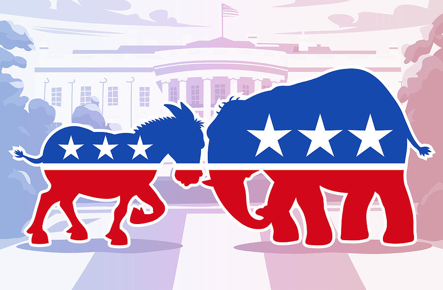 Democratic Donkey And Republican Elephant In Front Of The White House Drawing by Kbeis