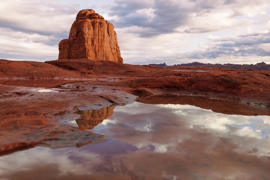Scenic Reflection in Rock Pool Photograph - Desert Monolith After Rain  Arches National Park Reflection Landscape by Robert Niemeier