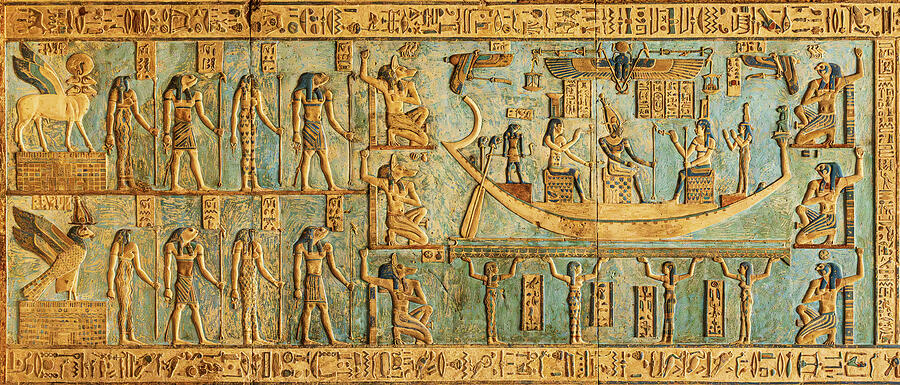 Ancient Egyptian Hieroglyphic Panel Photograph - Detail of ceiling panels inside Temple of Hathor at Dendera by Steven Heap