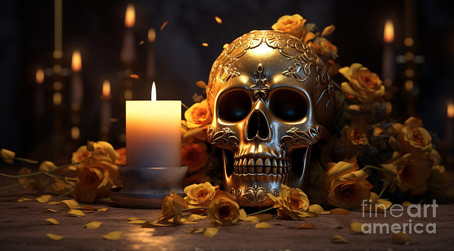 Dia de los Muertos Skull Covered by Orange Flowers and Candlelight Digital Art by Michel Cruz-Garcia