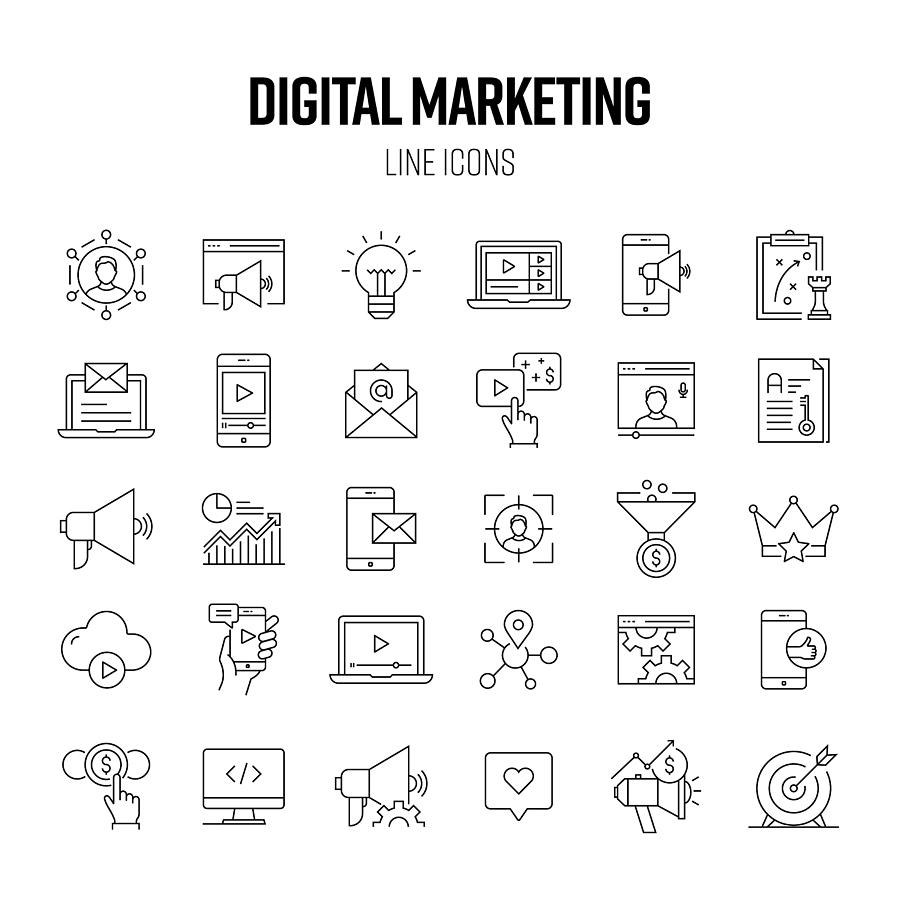 Digital Marketing Line Icon Set. Customer, Community, Video Marketing, Strategy, Keywords, Pay Per Click Drawing by Cnythzl