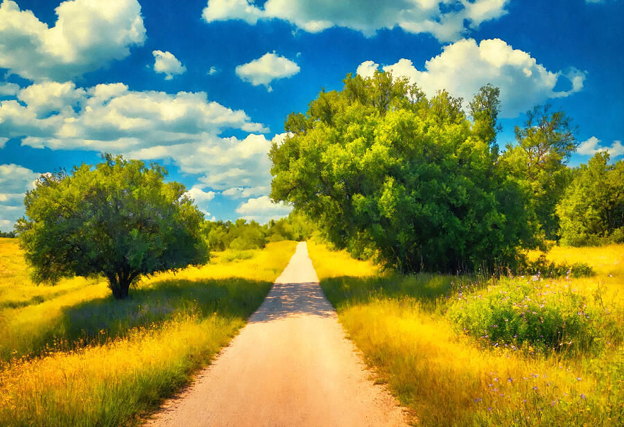 Dirt road crossing grassland with wild flowers and trees - watercolor painting Digital Art by Nicko Prints