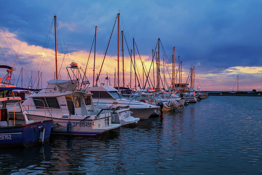 Docked Boats at Sunset Photograph - Docked Boats at Sunset - French Riviera by Tatiana Travelways