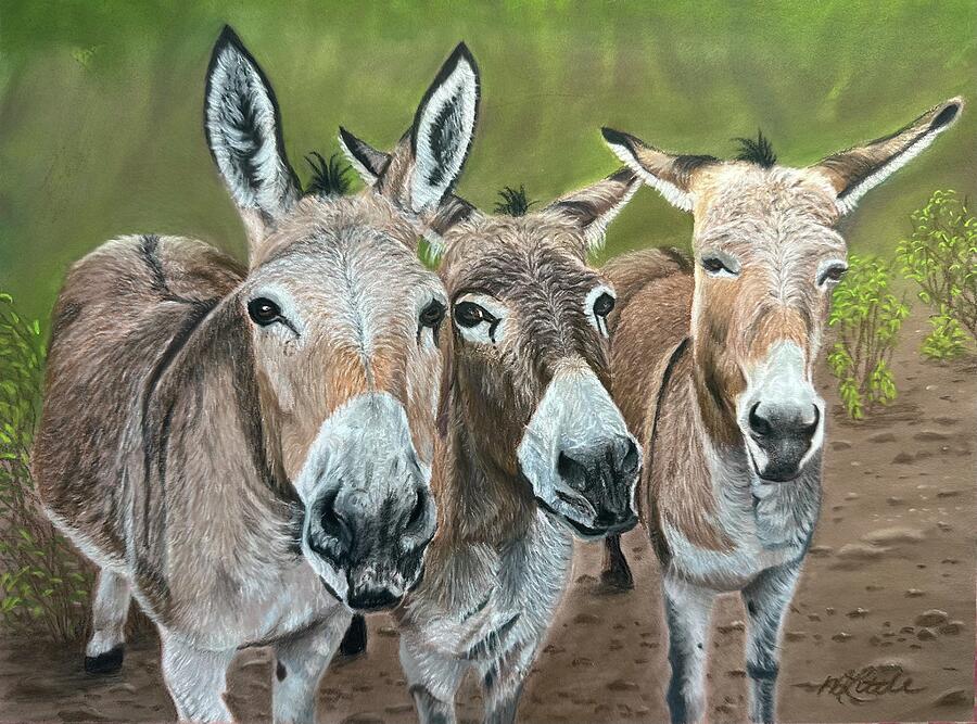 Three Donkeys in a Field Pastel - Donkey Proposal by Marlene Little