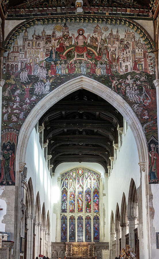 Historic Church Interior with Mural Photograph - Doom painting by Shirley Mitchell
