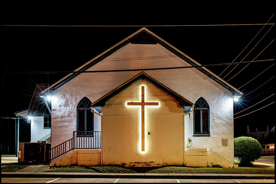 Illuminated Church at Night Photograph - Double Portion Baptist Church by Jeremy Butler