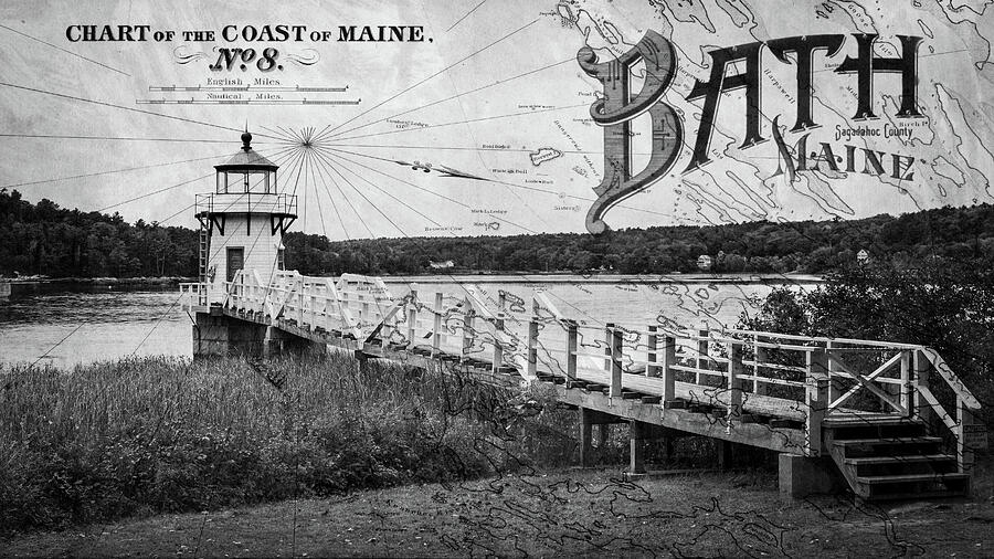 Doubling Point Lighthouse Maine Coastal Map Mixed Media by Dan Sproul