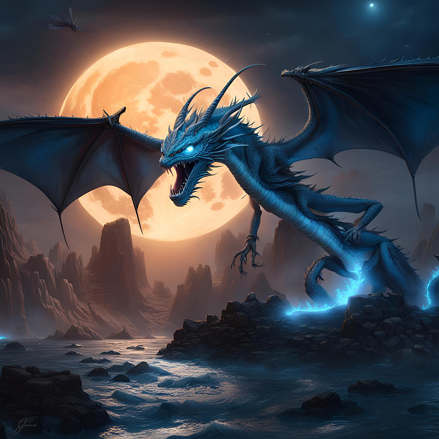 Dragon in the Moonlight Digital Art by Greg Joens - Metal Posters