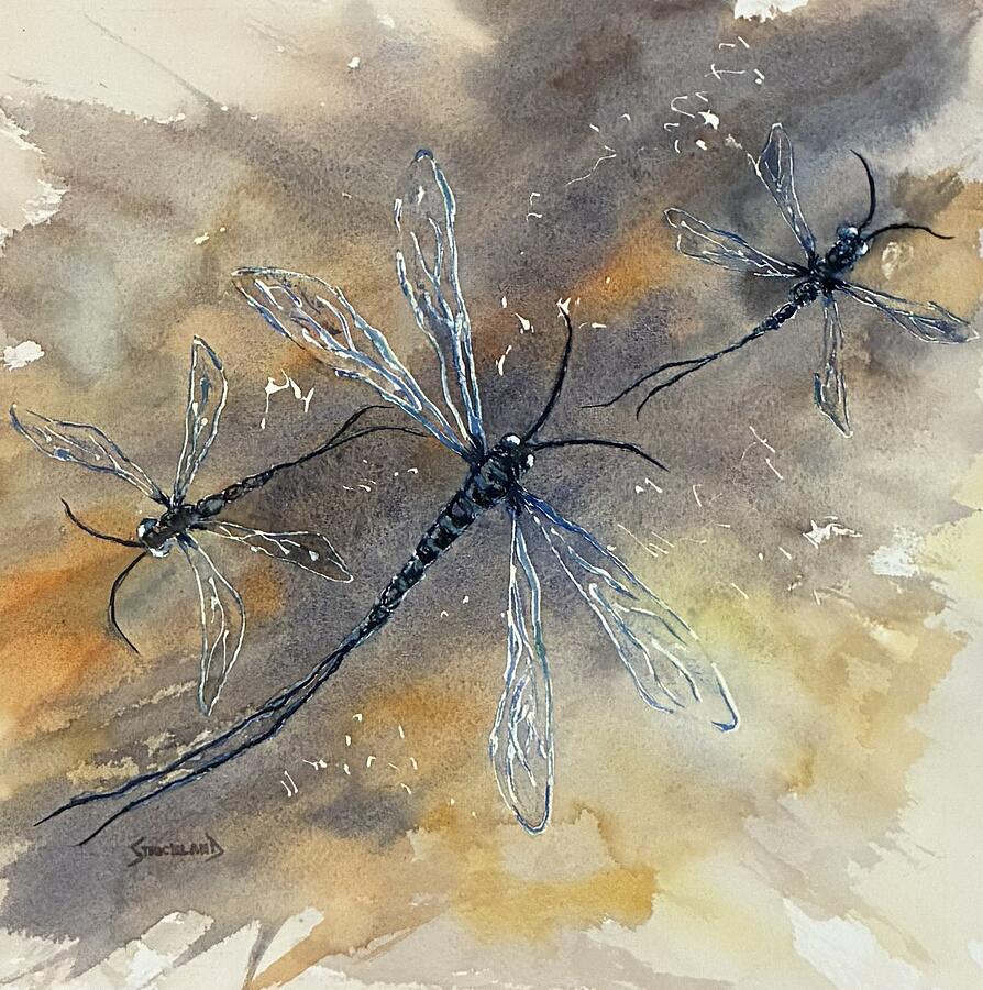 Three Delicate Dragonflies in Motion Painting - Dragonflies - Three Spirits of Summer by Judy Strickland
