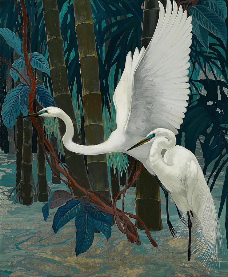 Egrets in a bamboo forest by Jessie Arms Botke Painting by Jessie Arms Botke
