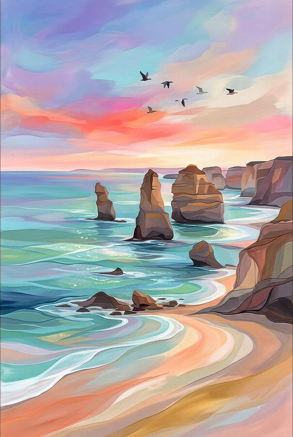 Seaside Rock Formations at Sunset Digital Art - El Matador Beach Seaside Rock Formations by Nature Oil Painting