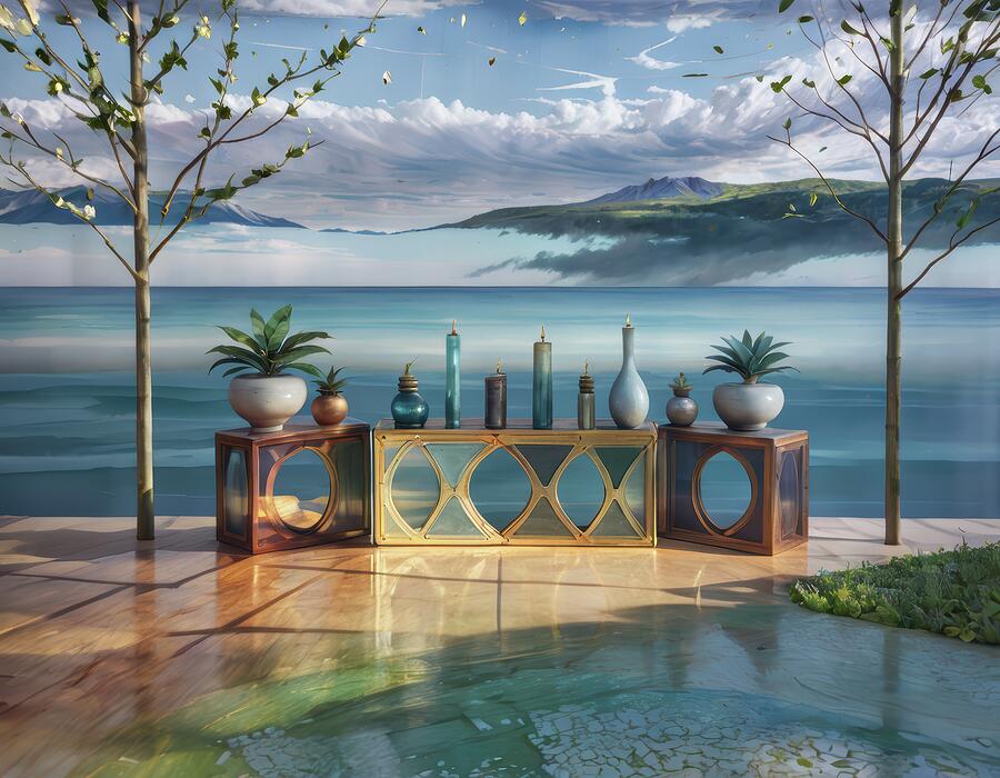 Elegant Patio By An Odd Surreal Lake by Eris And AI