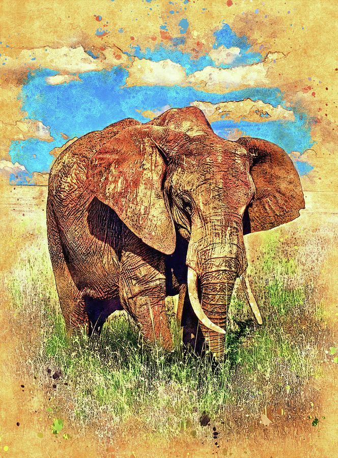 Elephant on pasture - digital painting with vintage look Digital Art by Nicko Prints