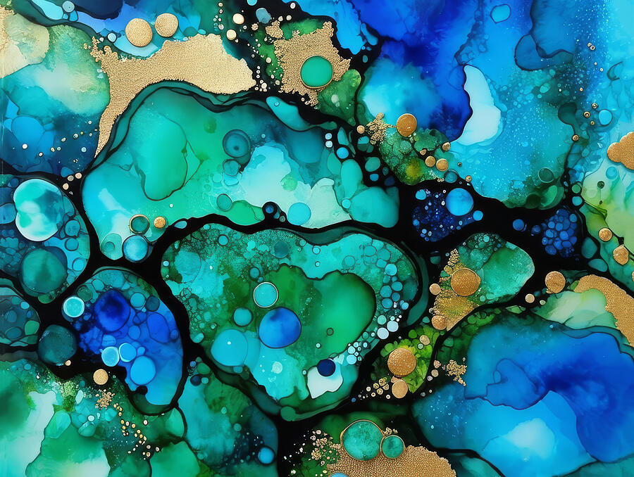 Emerald Tide Abstract Undersea Image in Blue and Gold by Deborah League