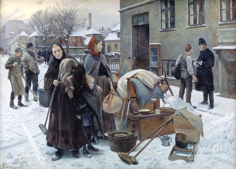 Erik Henningsen, Evicted (Sat ud), 1892: an evicted family stands in the snow with their furniture on a Copenhagen street while the father argues with a policeman