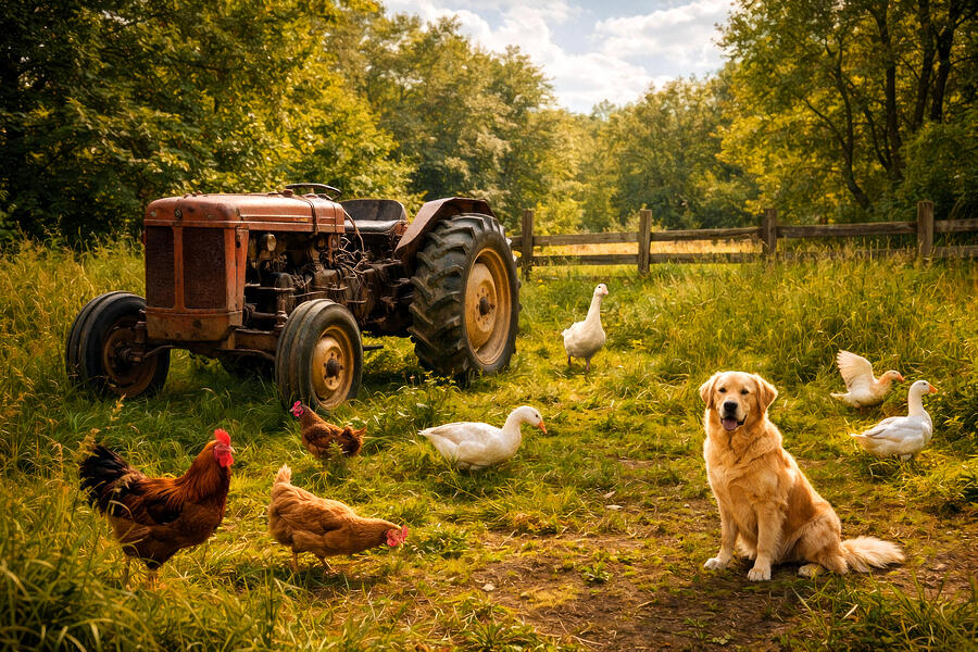 Farmyard Scene with Chickens and Dog Digital Art - Farmyard scene with antique tractor, chickens, geese, and a dog - digital painting by Nicko Prints