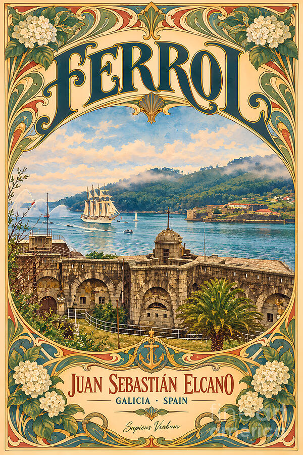 Ferrol, Juan Sebastián Elcano: Art Nouveau vintage travel poster by Sapiens Verbum