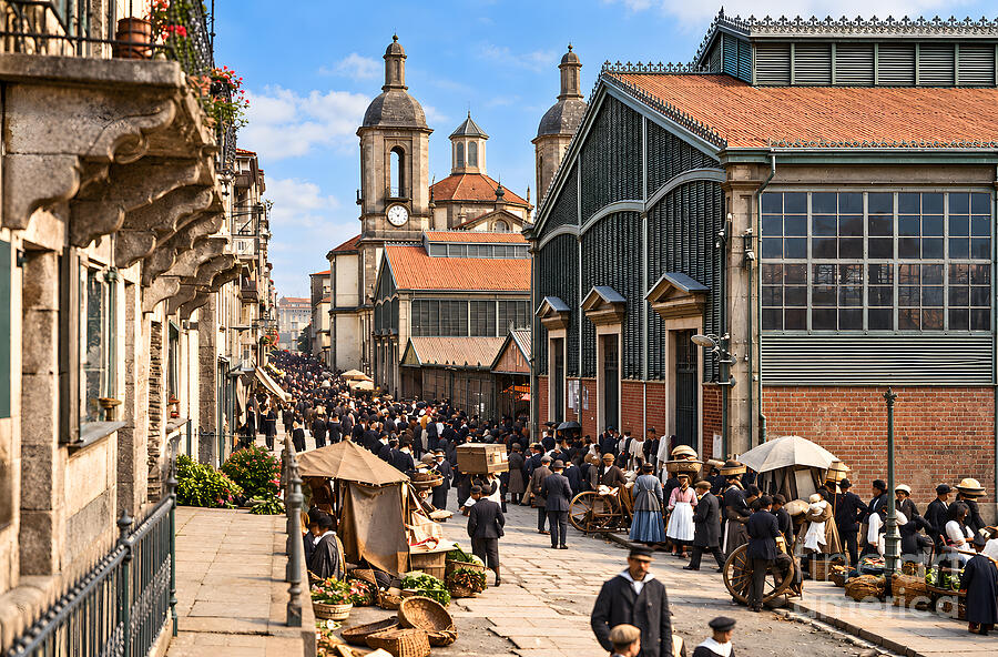 Ferrol central market, Galicia, in 1919: the original postcard photograph, restored and colourised, with a crowded street in front of the market hall and the bell towers of San Xiao in the background