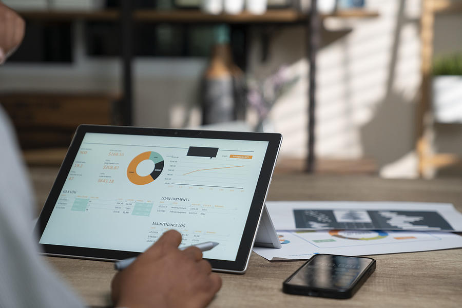 Finance dashboard with financial charts and data graphs, Photograph by Witthaya Prasongsin