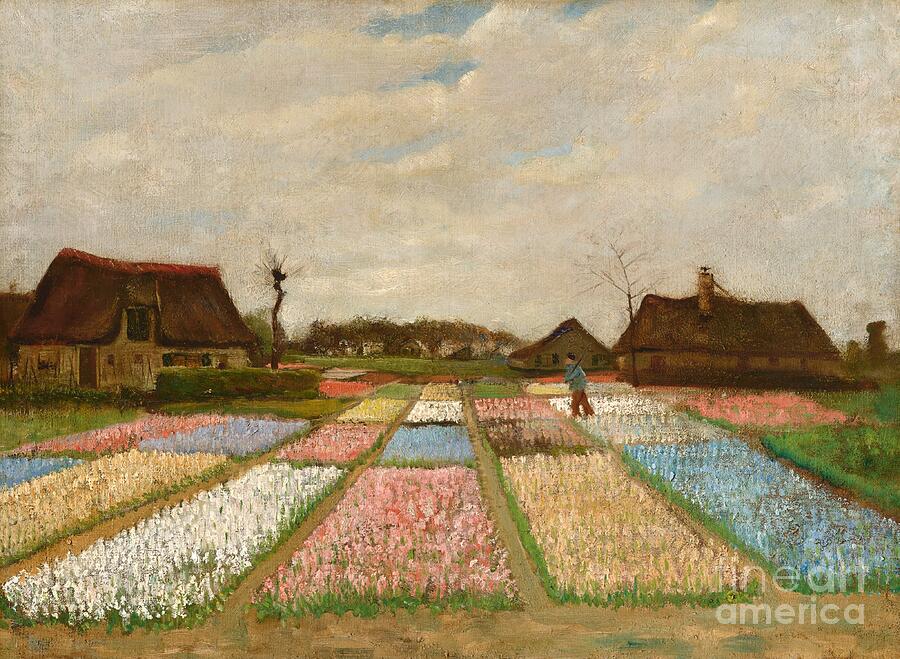 Vincent van Gogh, Flower Beds in Holland, c. 1883: rectangular beds of white, pink, yellow and blue flowers in front of thatched cottages under a cloudy sky