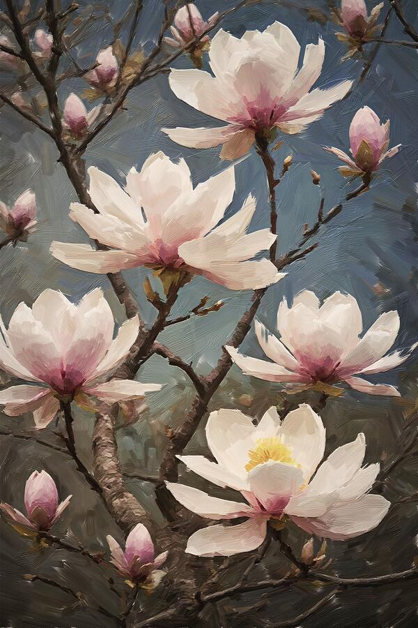 Flower painting of blooming magnolia trees Digital Art by Nature Oil Painting