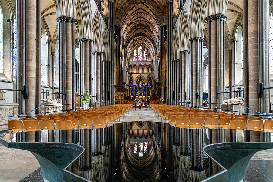 Majestic Cathedral Interior with Reflection Photograph - Font Reflections by Shirley Mitchell