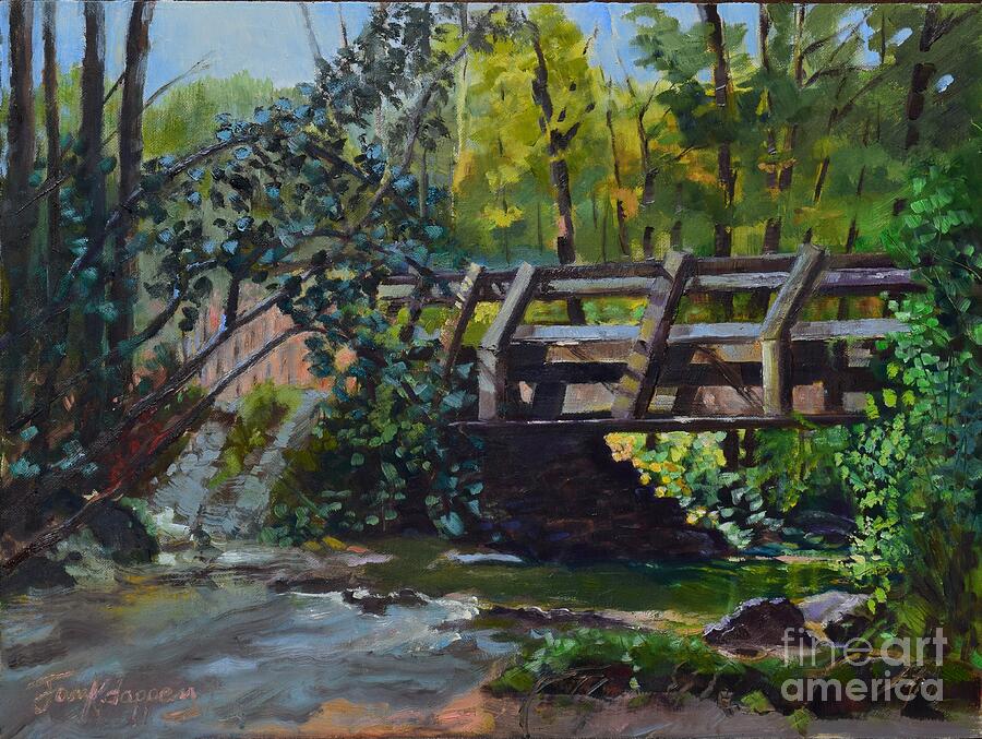 Forest Bridge over a Stream Painting - Forest Bridge over a Stream-Owltown Creek-Ellijay by Jan Dappen