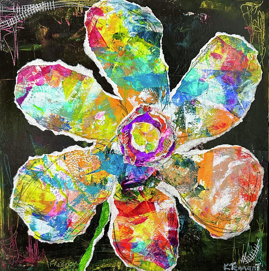 Freedom Flower Torn Paper Collage Art by Kathleen Tennant