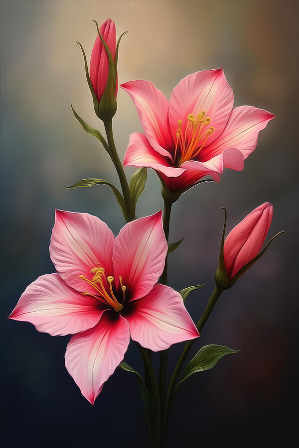 Elegant Pink Lilies Blooming Digital Art - Freesia Wall Art Florar Oil Painting by Nature Oil Painting