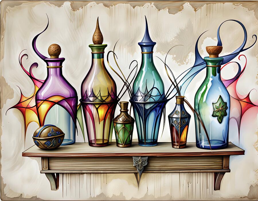 Colorful Glass Bottles on a Shelf Digital Art - From the Collection of the Perfume Poison and Potion Society by Eris And AI