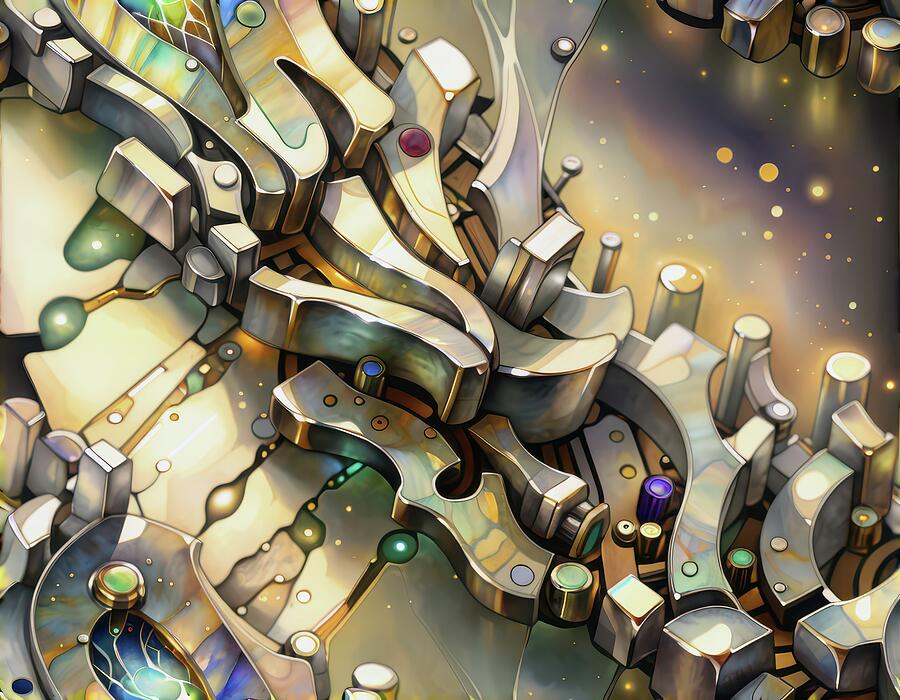 Intricate Metallic Abstraction Digital Art - From The Mechanical Fossil Record by Eris And AI