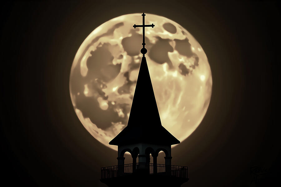 Full Moon Church Steeple - Bell Tower Silhouette Digital Art by Reeves Abram - Pastor Reeves Studio - Metal Posters