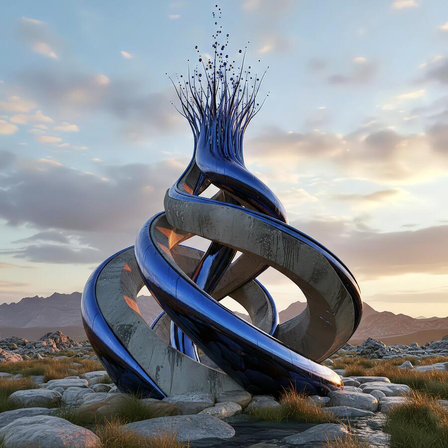 Futuristic Spiral Sculpture at Sunrise Digital Art - Futuristic Spiral Sculpture at Sunrise by David Manlove