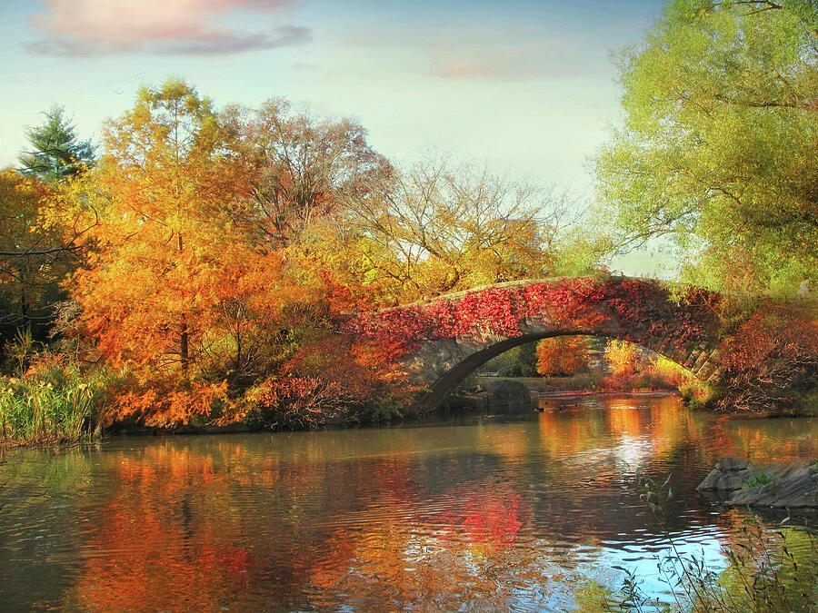 Autumn Bridge Reflections Photograph - Gapstow Bridge in Autumn II by Jessica Jenney