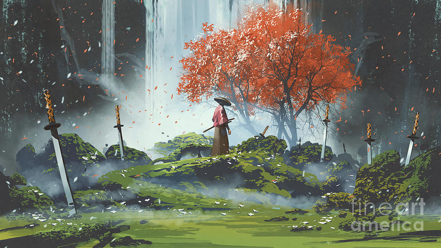 Garden Of The Katana Swords Painting by Tithi Luadthong - Metal