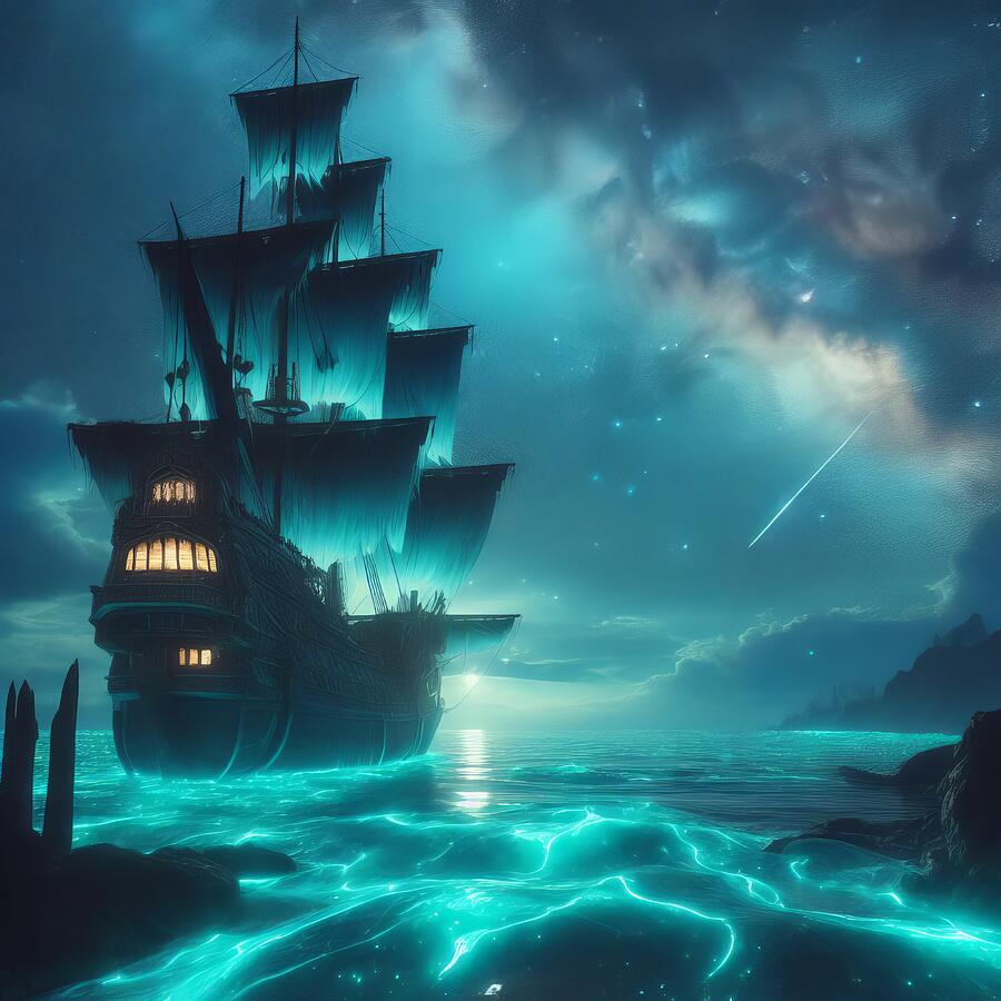 Ghostly Pirate Ship Sailing on Bioluminescent Ocean Under Starry Night ...